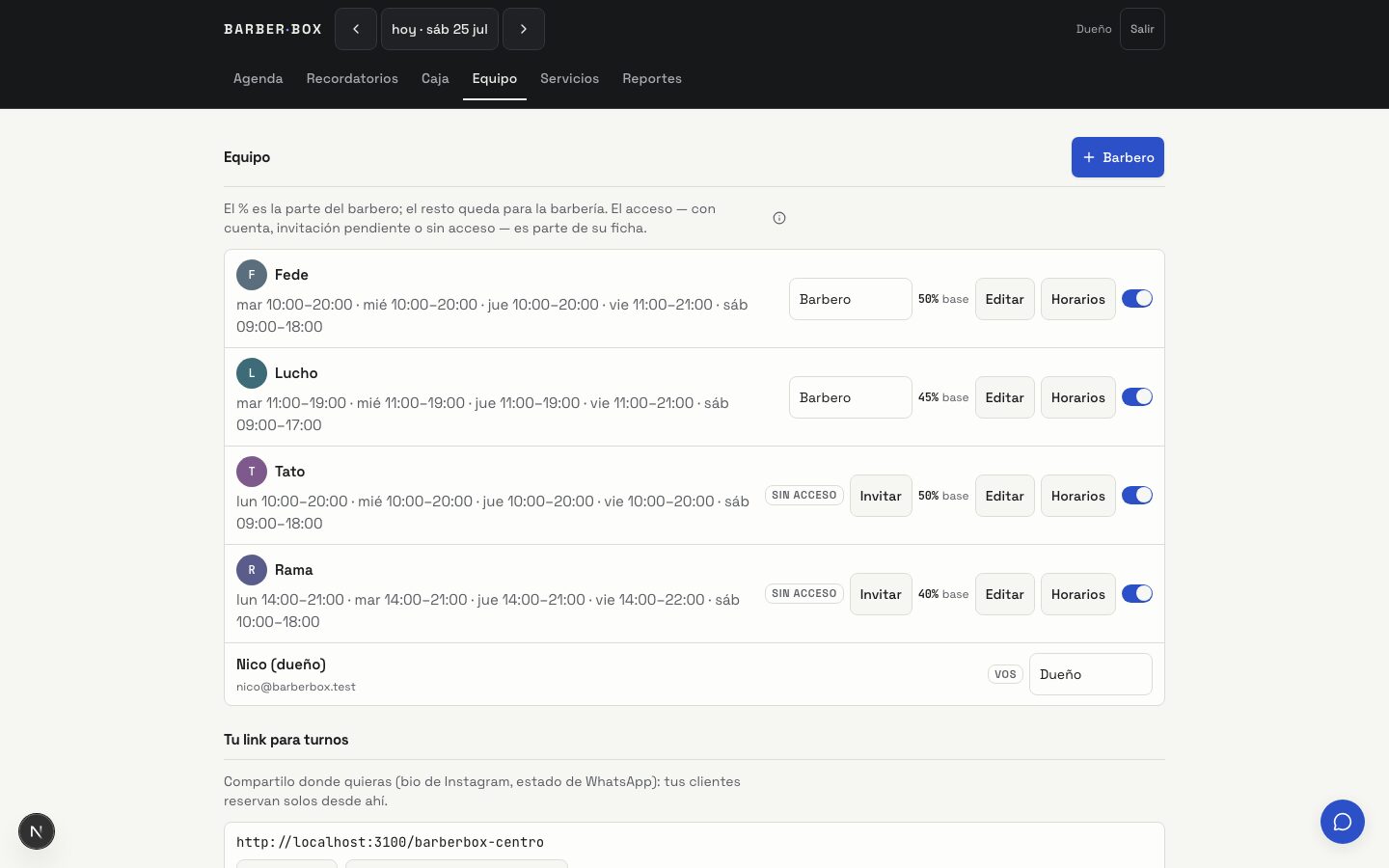 Gestión de equipo y horarios en BarberBox