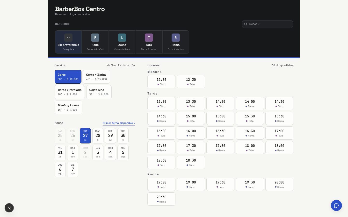 Reserva de turnos self-service en BarberBox