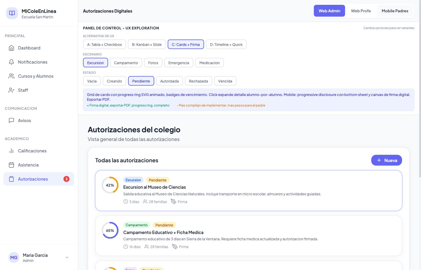 Autorizaciones y permisos digitales en MiCole2