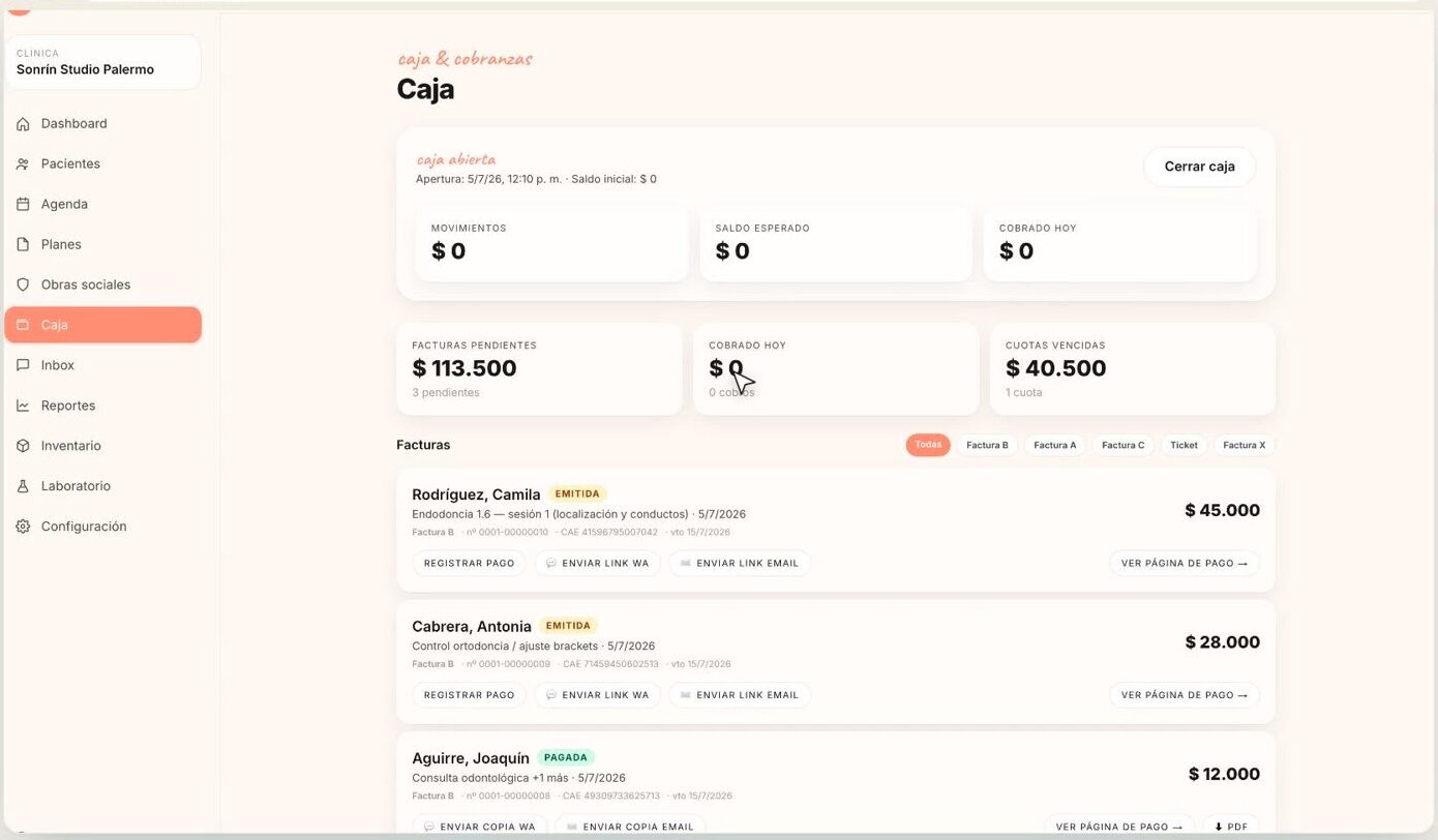 Caja y facturación de la clínica en Sonrín