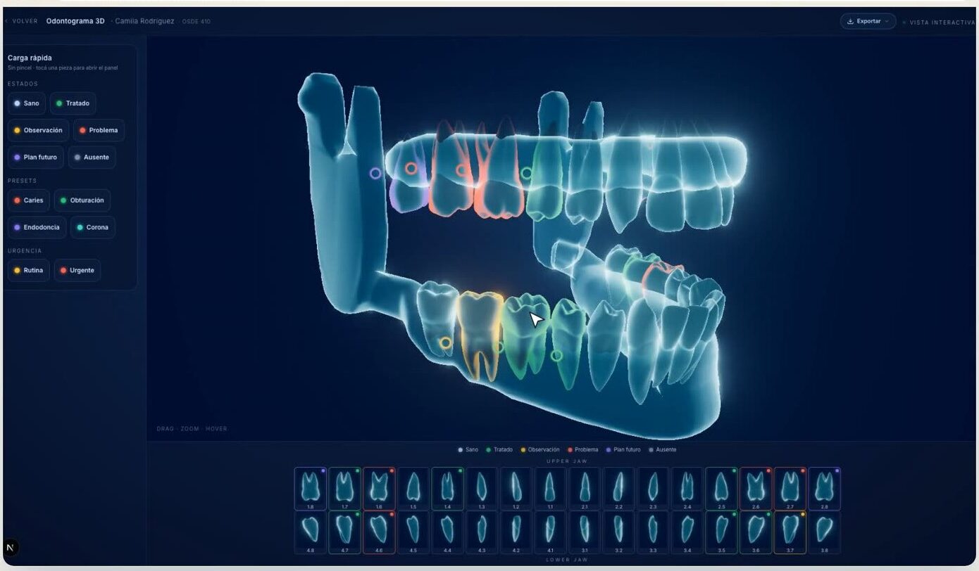 Odontograma 3D interactivo de Sonrín con estados por pieza dental